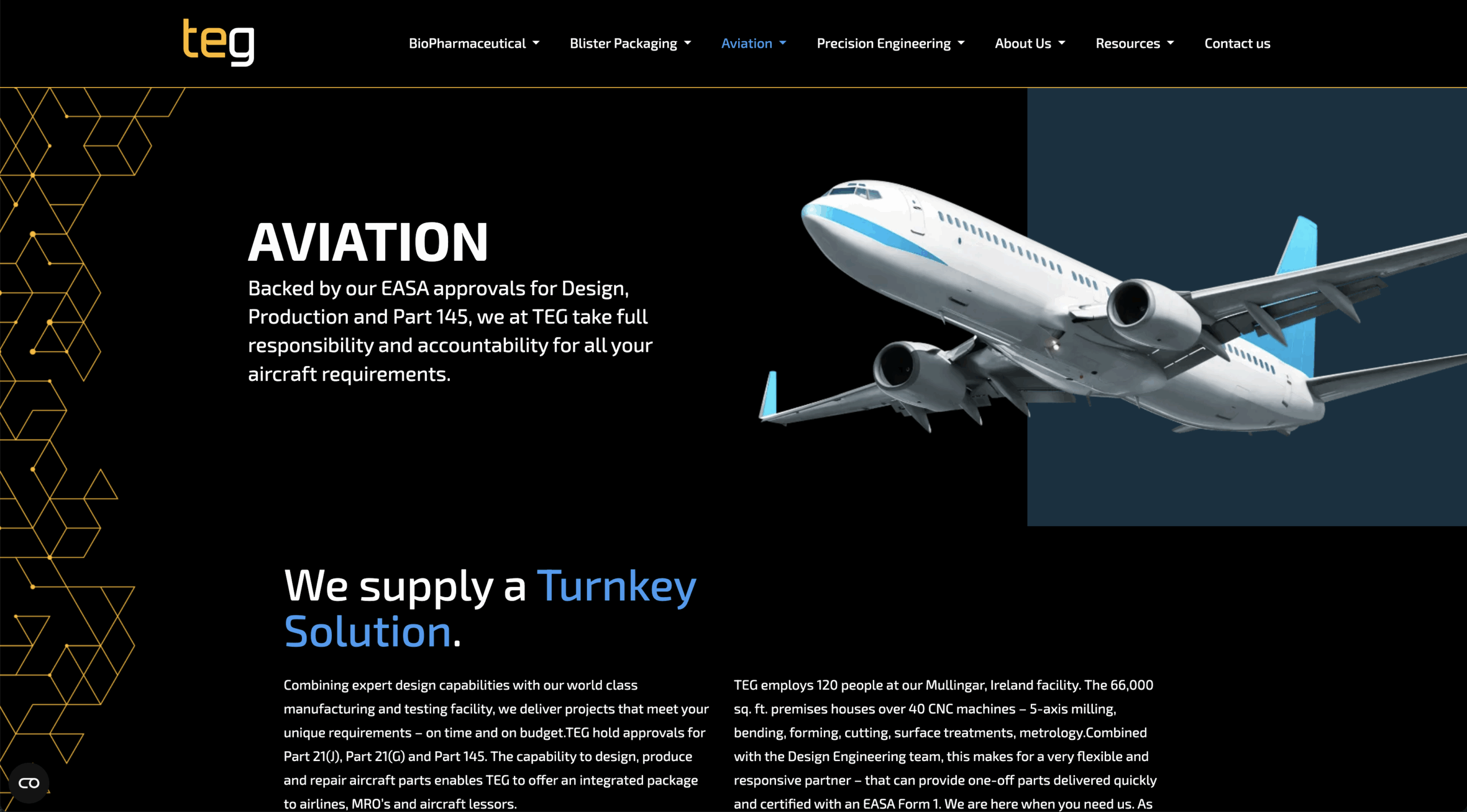 TEG website screenshot of the Aviation page