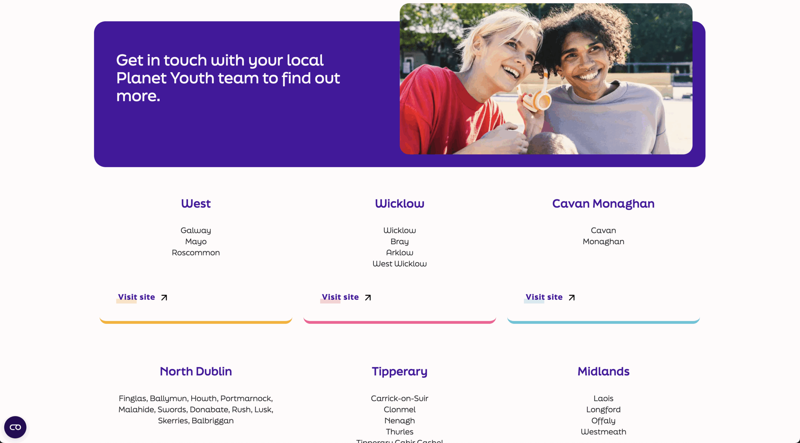Screenshot from the Planet Youth IE home page displaying the different participating local authorities