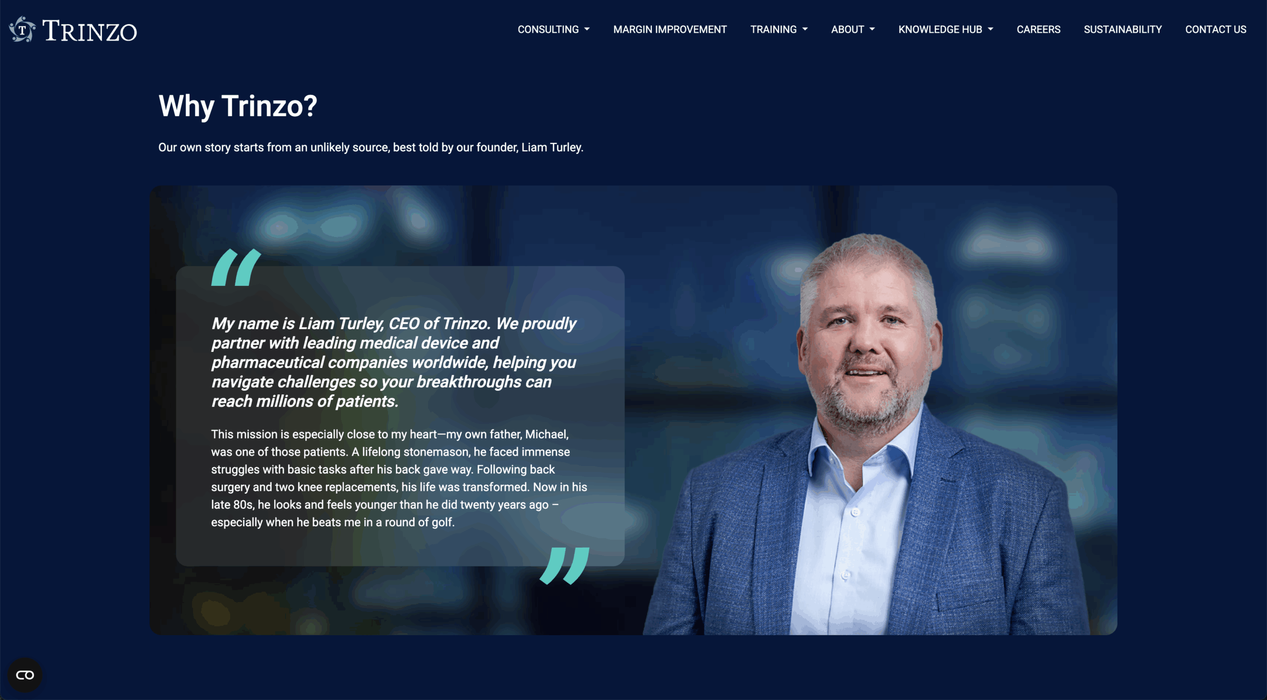 Screenshot from the Trinzo website showing a staff member testimonial